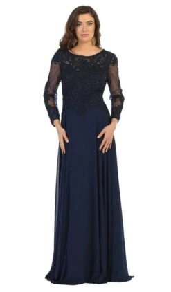 May Queen - MQ1615 Embroidered Long Sleeve Bateau A-line Dress -Wedding Dress Shop may queen mq1615 embroidered long sleeve bateau a line dress mother of the bride dresses m navy 28497534353491