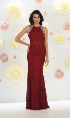 May Queen Rhinestone Embellished Lace Evening Dress MQ1475 - 1 Pc Burgundy In Size 8 Available