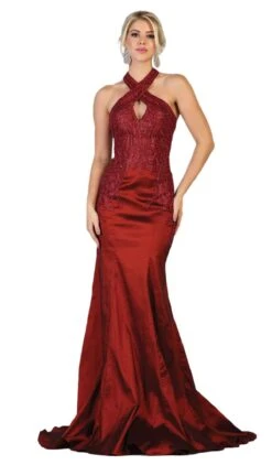 May Queen - RQ7743 Appliqued Halter Mermaid Gown -Wedding Dress Shop may queen rq7743 appliqued halter mermaid gown evening dresses 4 burgundy 28823227924563