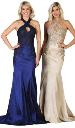 May Queen - RQ7743 Appliqued Halter Mermaid Gown -Wedding Dress Shop may queen rq7743 appliqued halter mermaid gown evening dresses 4 champagne 27974472958035