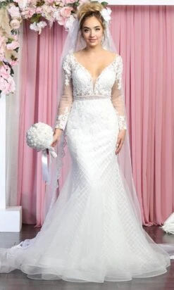 May Queen RQ7896 - Long Sleeves Sheer V-neck Wedding Gown -Wedding Dress Shop may queen rq7896 long sleeves sheer v neck wedding gown wedding dresses 29844932690003