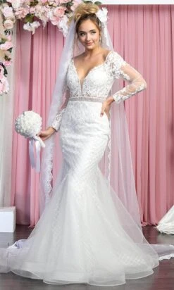 May Queen RQ7896 - Long Sleeves Sheer V-neck Wedding Gown -Wedding Dress Shop may queen rq7896 long sleeves sheer v neck wedding gown wedding dresses 29844932788307
