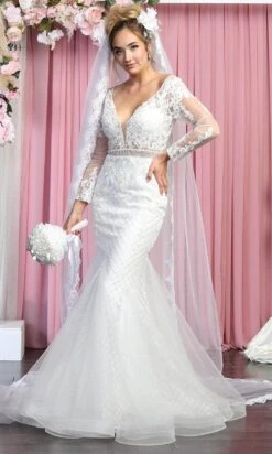 May Queen RQ7896 - Long Sleeves Sheer V-neck Wedding Gown