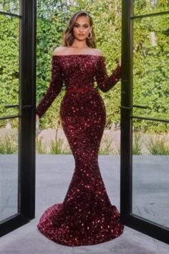Portia And Scarlett - Long Sleeve Sequin Gown PS21032 - 1 Pc Deep-Red In Size 16 Available