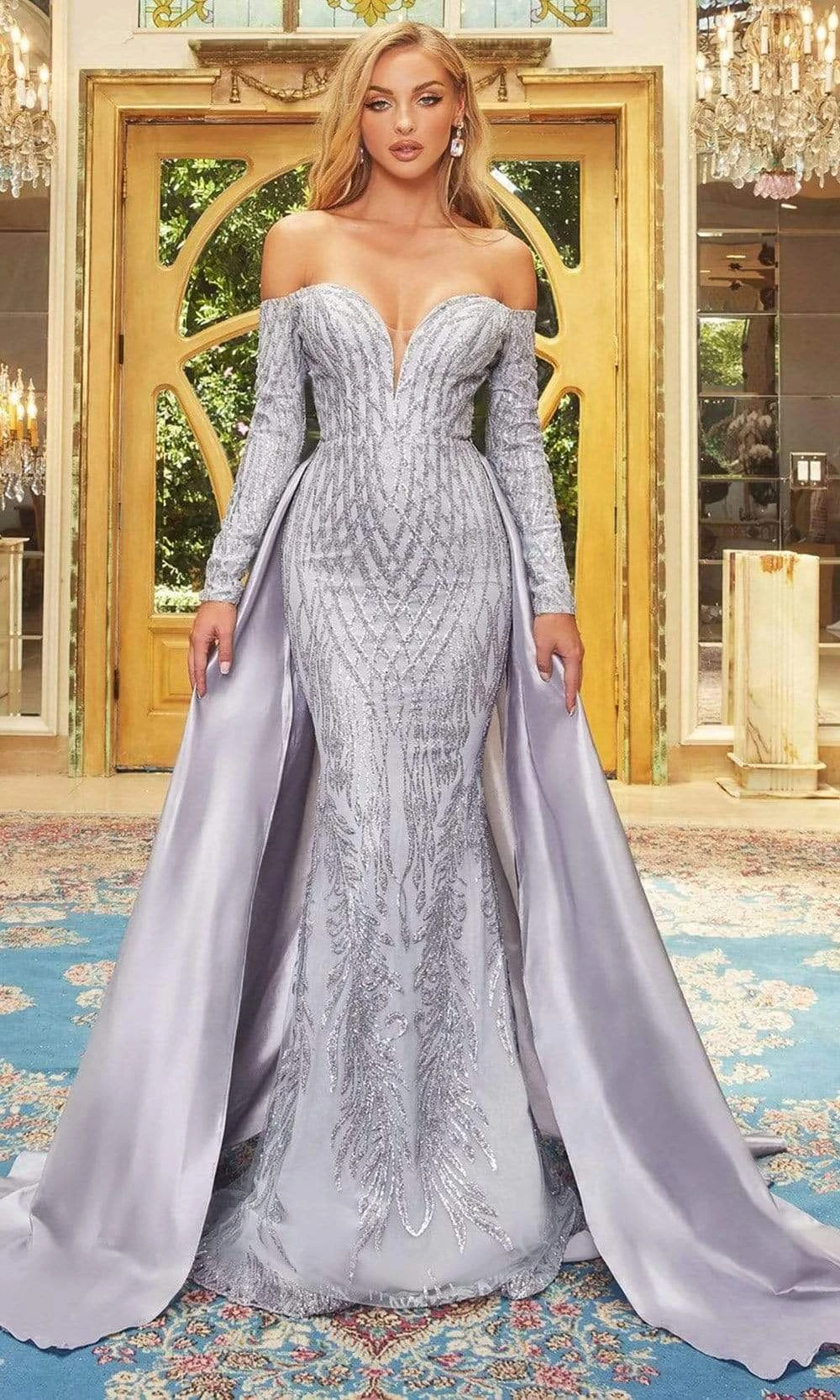 Portia And Scarlett - PS22069 Off Shoulder Embellished A-Line Dress 1 Portia And Scarlett - PS22069 Off Shoulder Embellished A-Line Dress