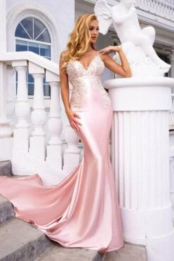 Portia And Scarlett - PS22185 Beaded Applique Open Back Satin Gown