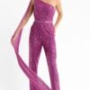 Primavera Couture - 3776 Fully Sequined One Shoulder Cape Jumpsuit Prom Dress