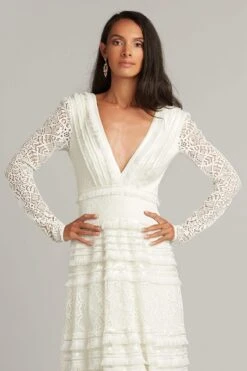 Tadashi Shoji - Long Sleeve Deep V Neck A-Line Dress -Wedding Dress Shop tadashi shoji long sleeve deep v neck a line dress special occasion dress 29448079310931