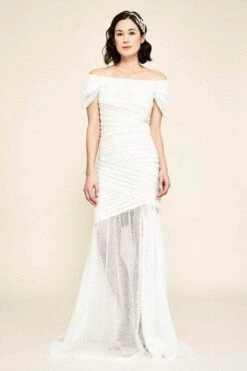 Tadashi Shoji - Off Shoulder Bridal Gown BGB19147LBR - 1 Pc Ivory/Petal In Size 10 Available