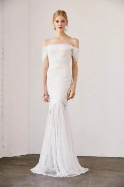 Tadashi Shoji - Off Shoulder Bridal Gown BGB19147LBR - 1 Pc Ivory/Petal In Size 10 Available -Wedding Dress Shop tadashi shoji off shoulder bridal gown bgb19147lbr 1 pc ivory petal in size 10 available wedding dresses 10 ivory petal 32357190893651