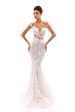 Tarik Ediz Cap Sleeve Illusion Lace Mermaid Gown 50232 - 1 Pc Ivory In Size 4 Available